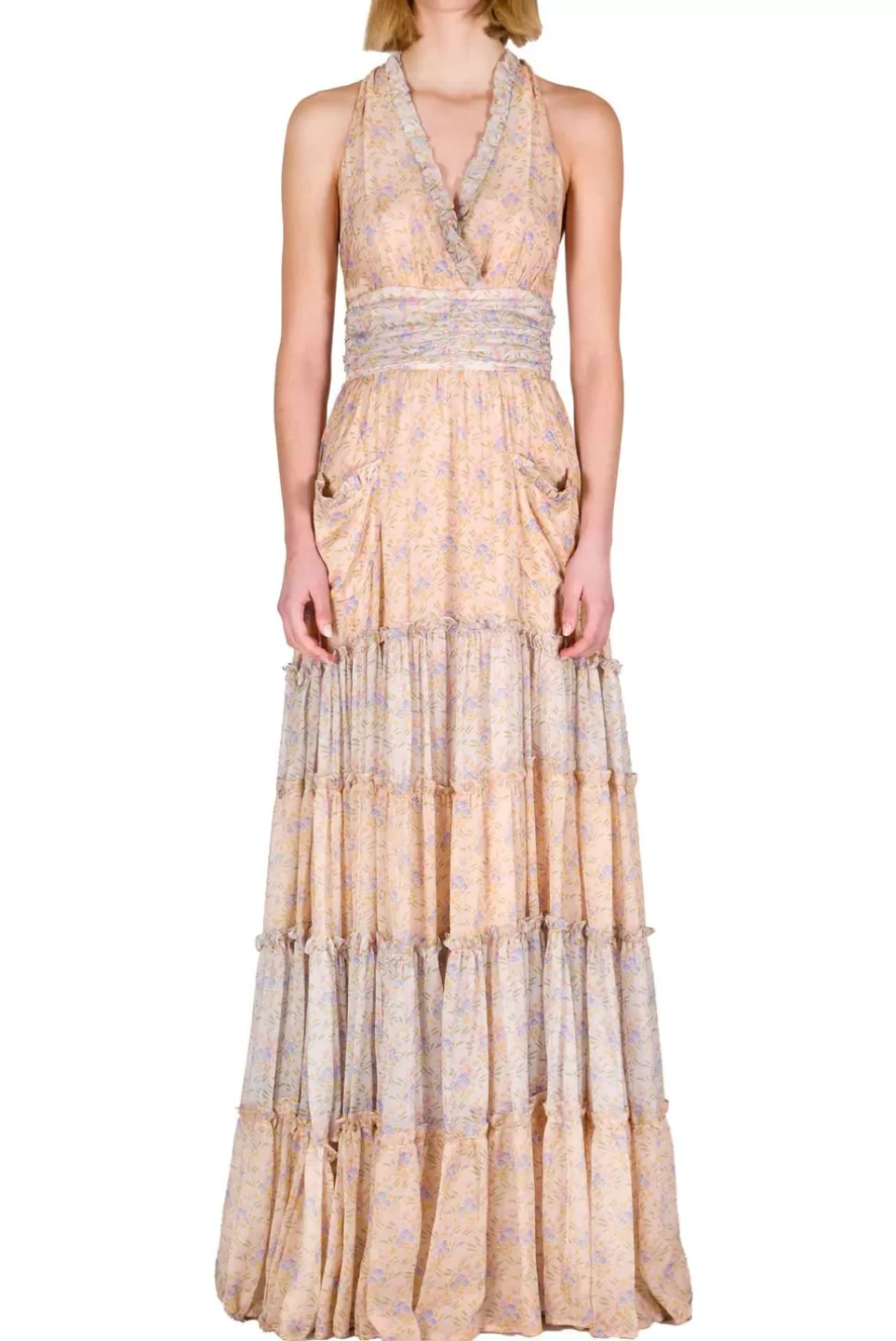 Dresses | Luisa Beccaria Blooming Mirage Ruched Chiffon Long Dress