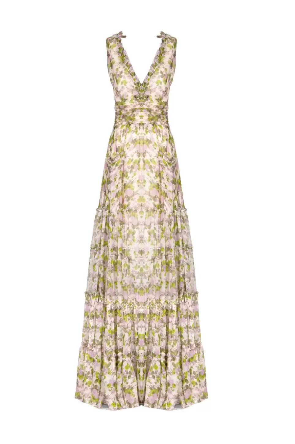 Dresses | Luisa Beccaria Blooming Roses Ruched Chiffon Long Dress