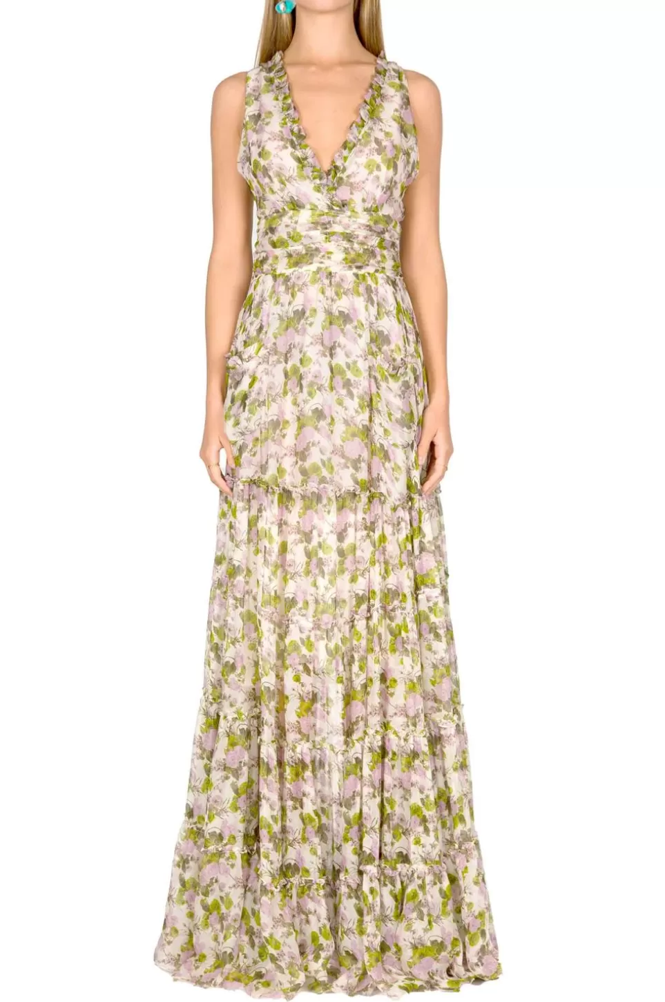 Dresses | Luisa Beccaria Blooming Roses Ruched Chiffon Long Dress