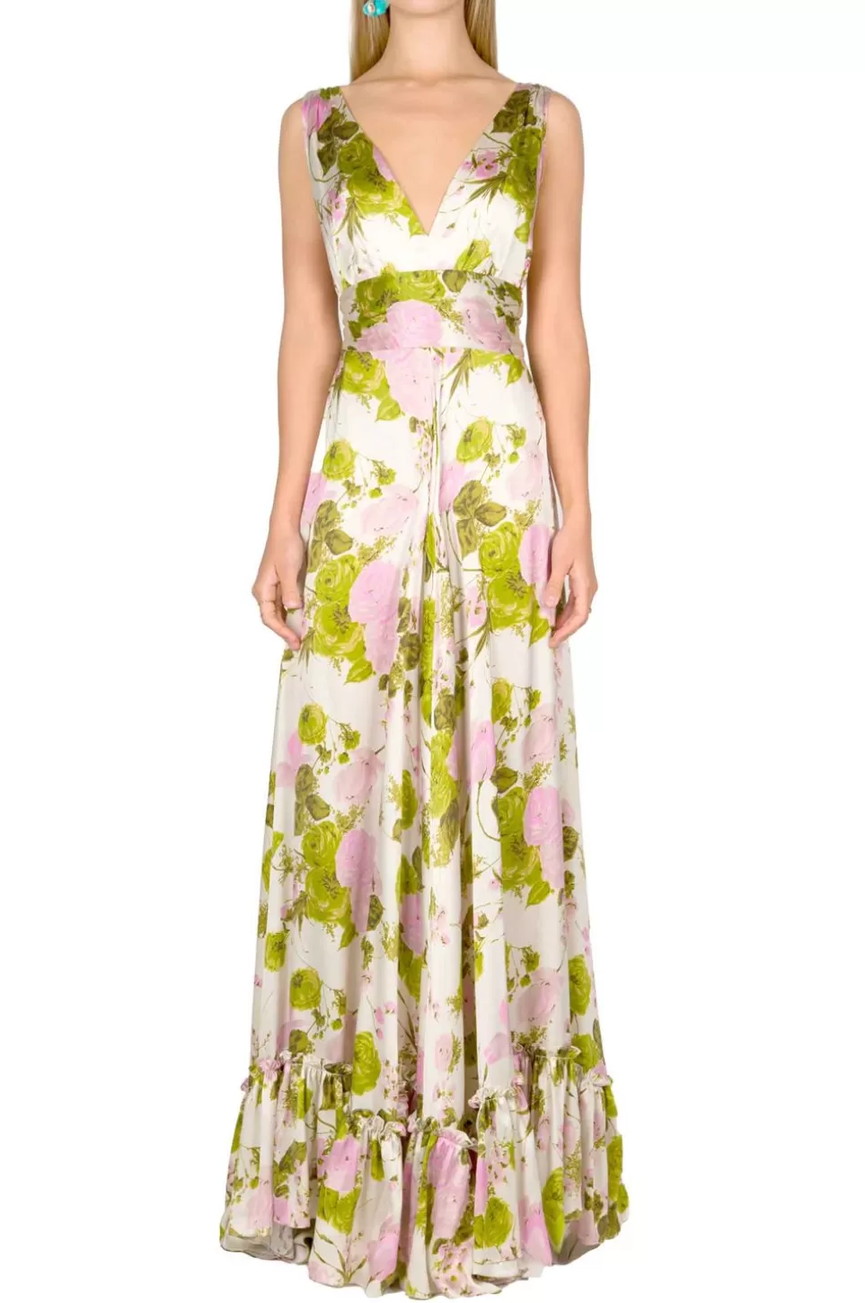 Dresses | Luisa Beccaria Blooming Roses Silk Long Dress With V Neckline