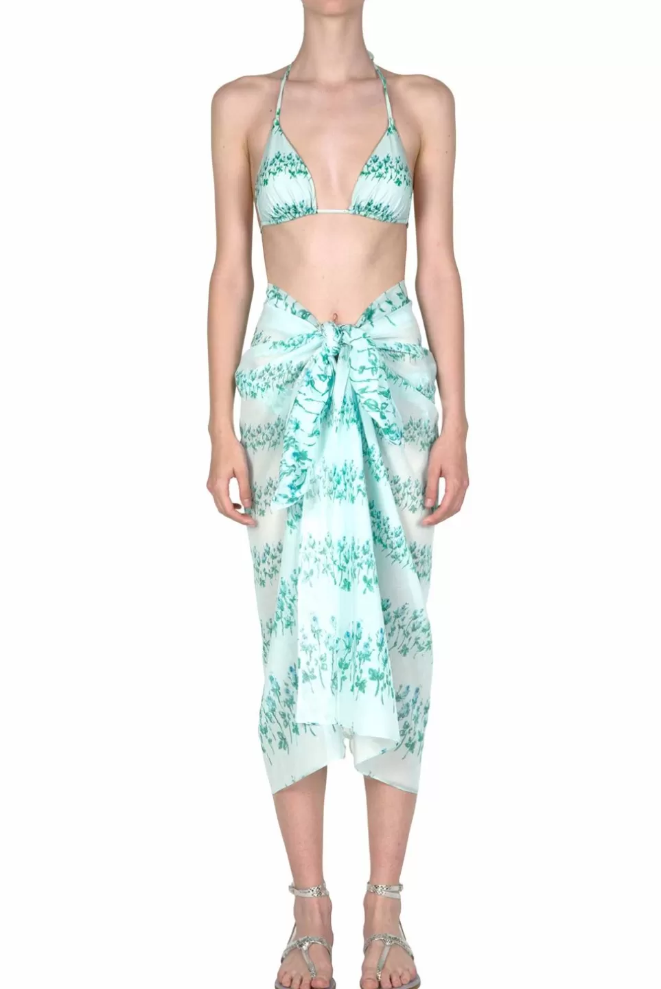 Swimwear | Luisa Beccaria Blue Flowery Striped Long Pareo