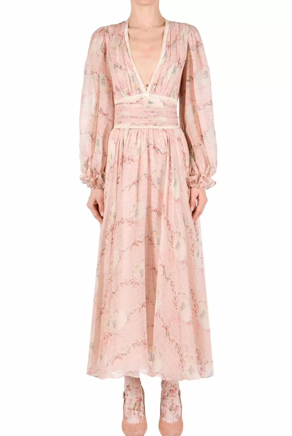 Dresses | Luisa Beccaria Chiffon Lace Circle Of Roses Printed Dress