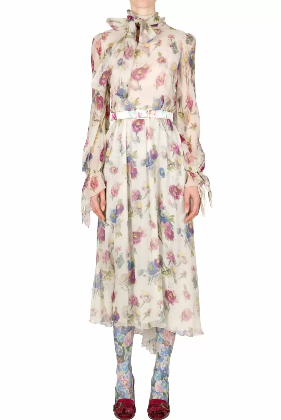 Dresses | Luisa Beccaria Chiffon Macro Anemones Dress With Sash