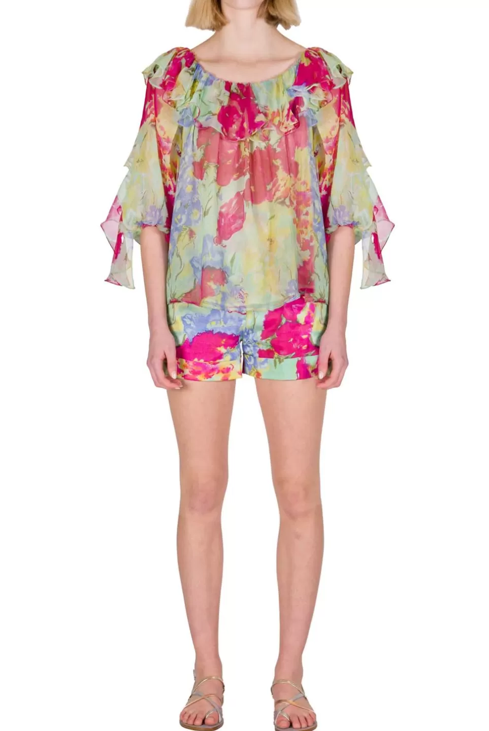 Tops & Blouses | Luisa Beccaria Chiffon Volant Blouse In Abstract Flowers