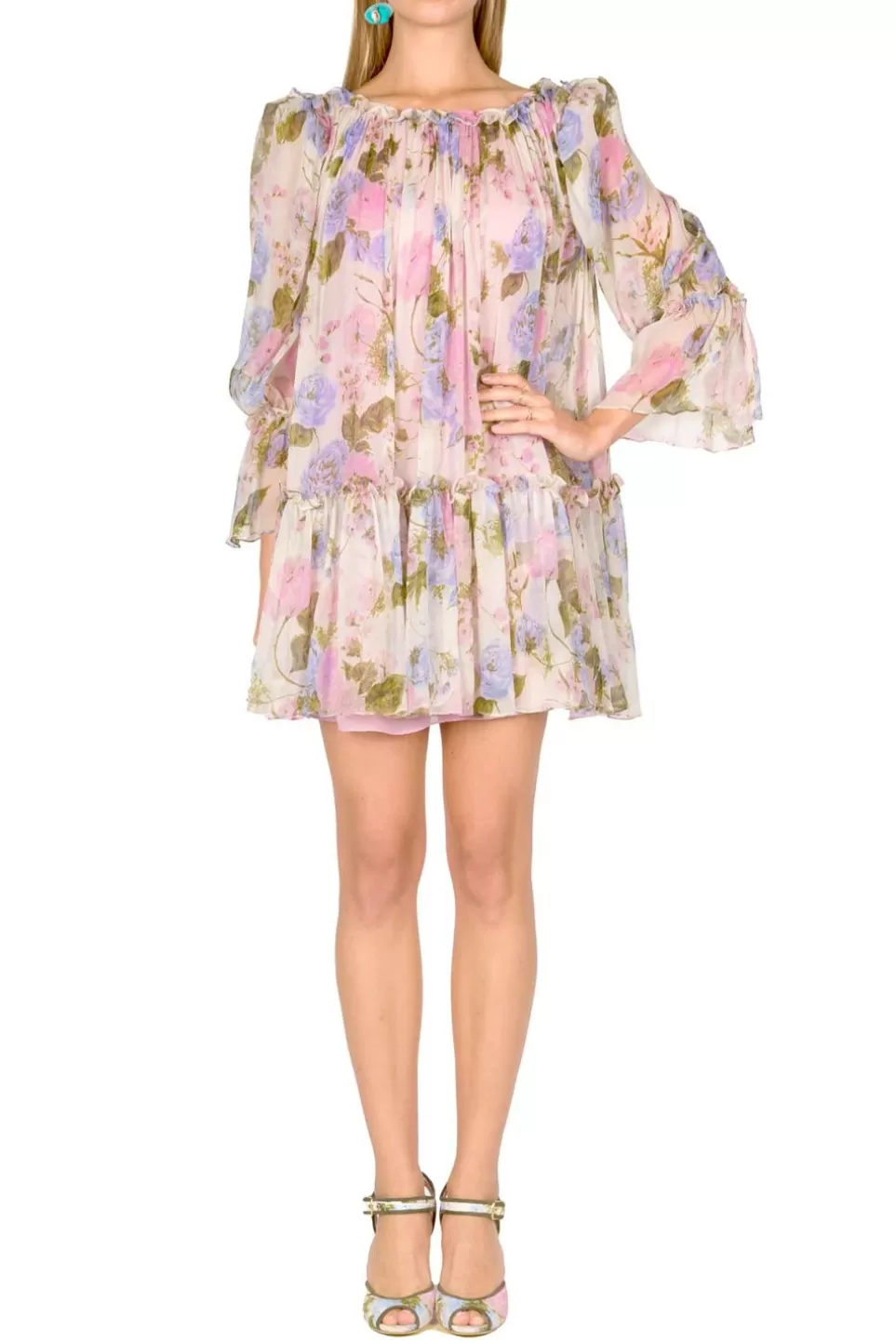 Dresses | Luisa Beccaria Floral Printed Chiffon Mini Dress With Balloon Sleeves