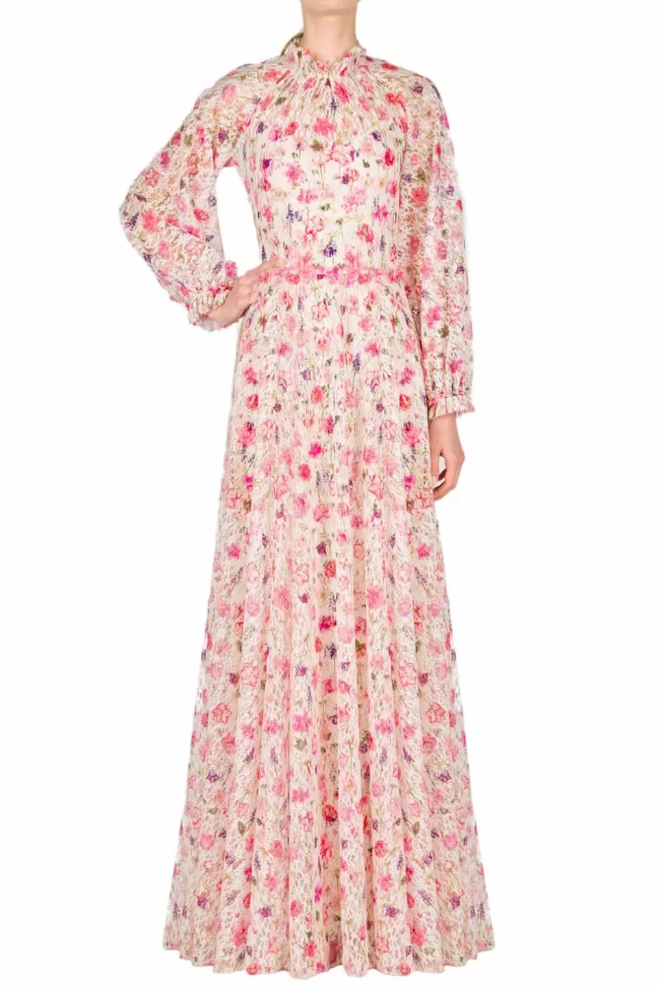 Dresses | Luisa Beccaria Floral Printed Mock Neck Lace Maxi Dress