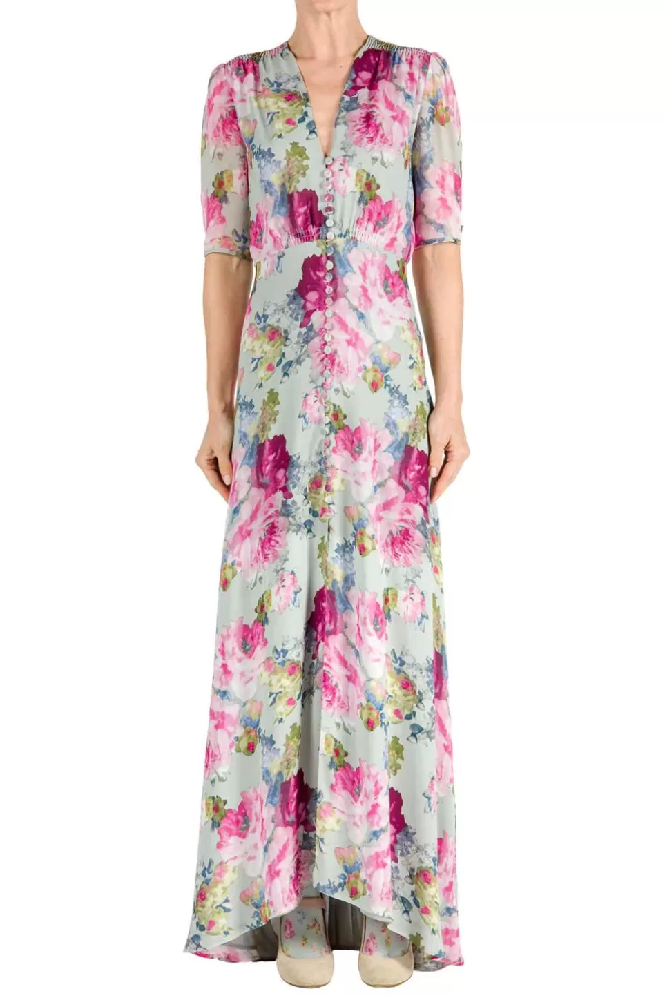 Dresses | Luisa Beccaria Floral Roses Print Bottoncino Crepe Dress