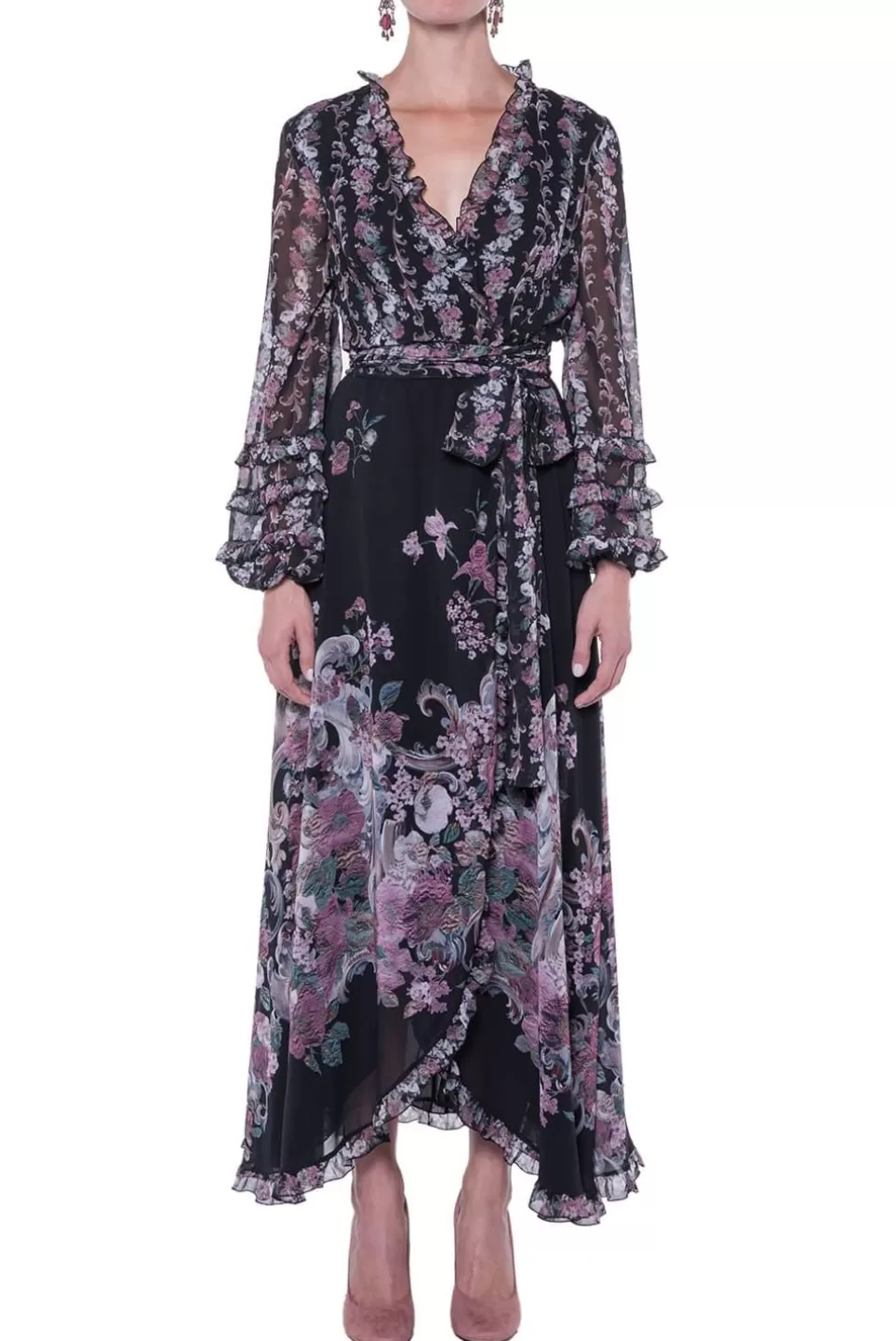 Dresses | Luisa Beccaria Georgette Printed Flowers Wrap Dress