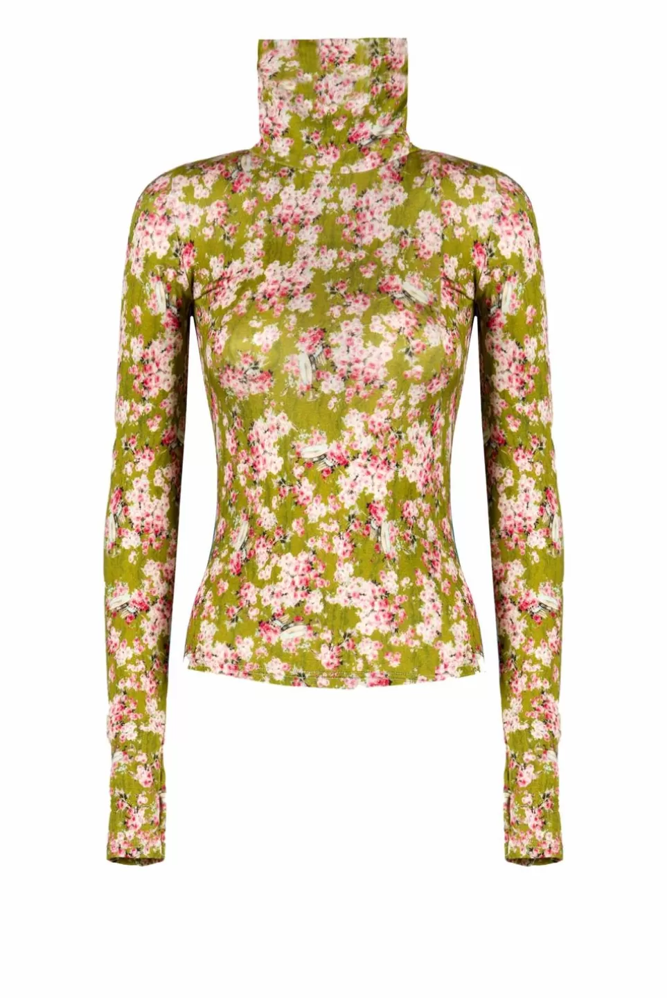 Tops & Blouses | Luisa Beccaria Green Printed Rose Buds Jersey Turtleneck