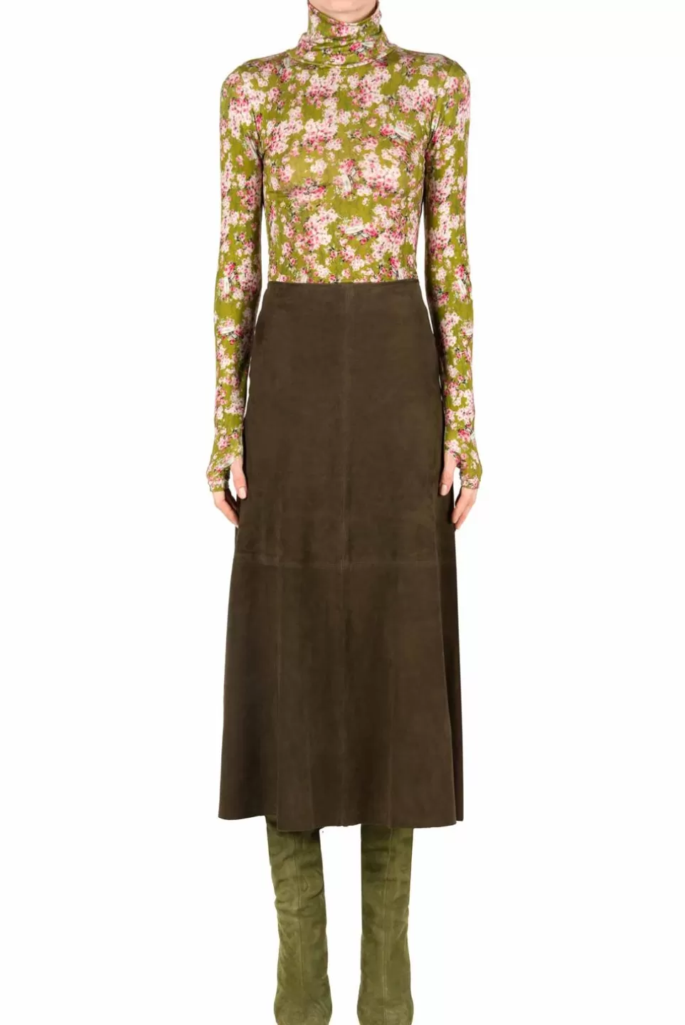 Tops & Blouses | Luisa Beccaria Green Printed Rose Buds Jersey Turtleneck