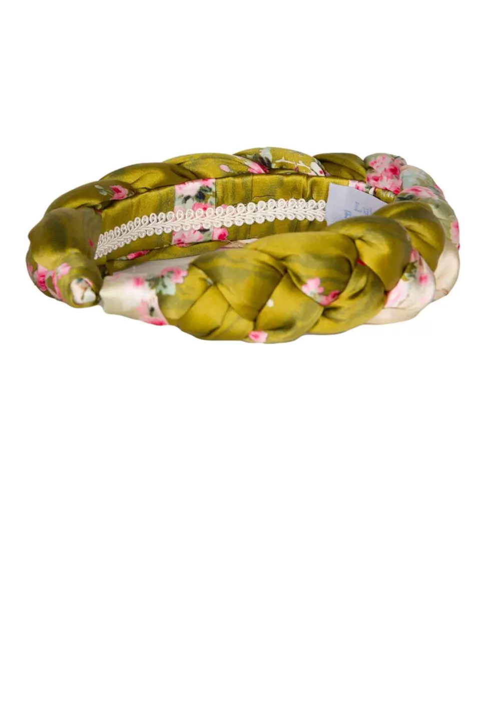 Headband | Luisa Beccaria Green Shiny Satin Roses Buds Braided Power Hairband