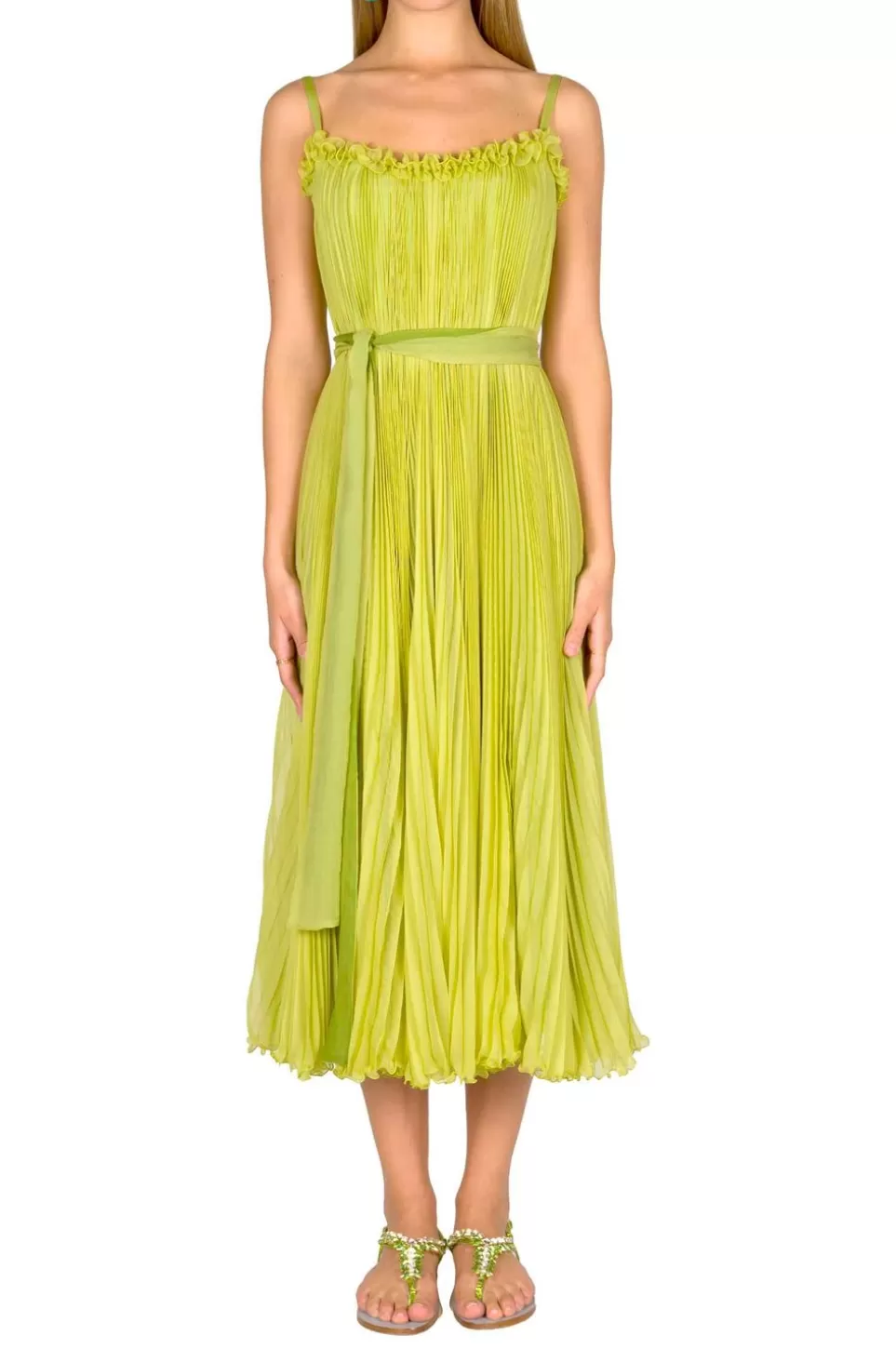 Dresses | Luisa Beccaria Lime Green Pleated Dress With Sash