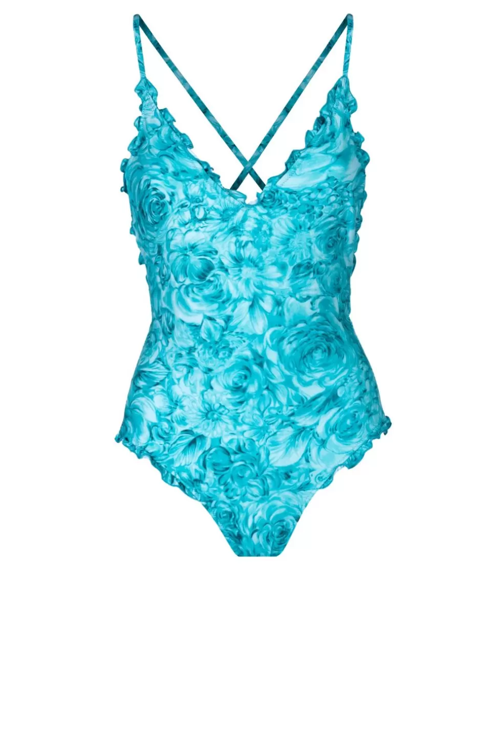 Swimwear | Luisa Beccaria One-Piece Swimsuit V Neckline Turquoise Roses