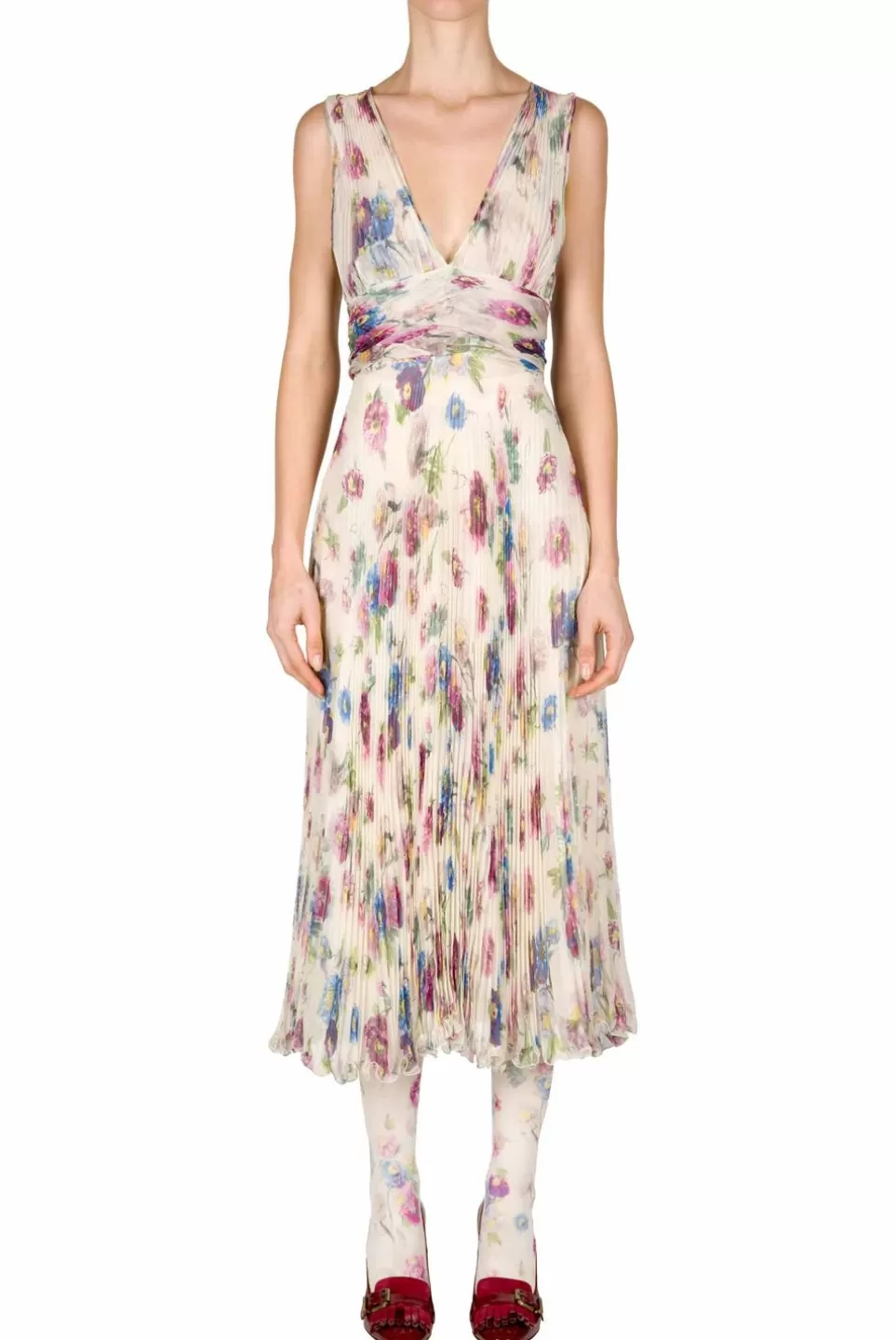 Dresses | Luisa Beccaria Pleated Macro Anemones Printed Chiffon Dress