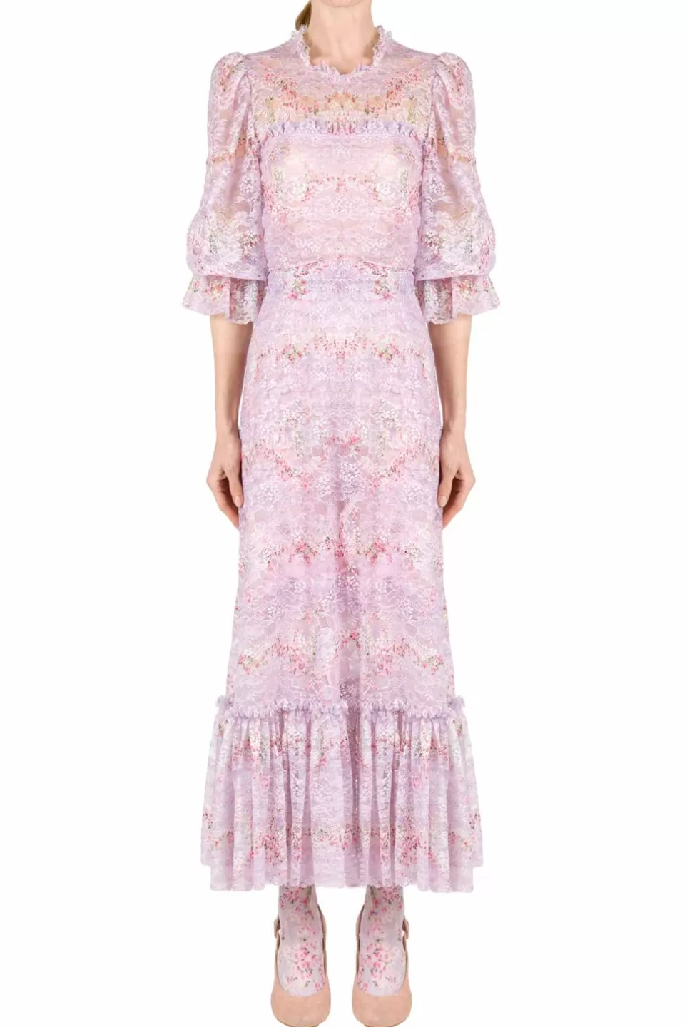 Dresses | Luisa Beccaria Printed Circle Of Roses Lace Dress With Ruffle