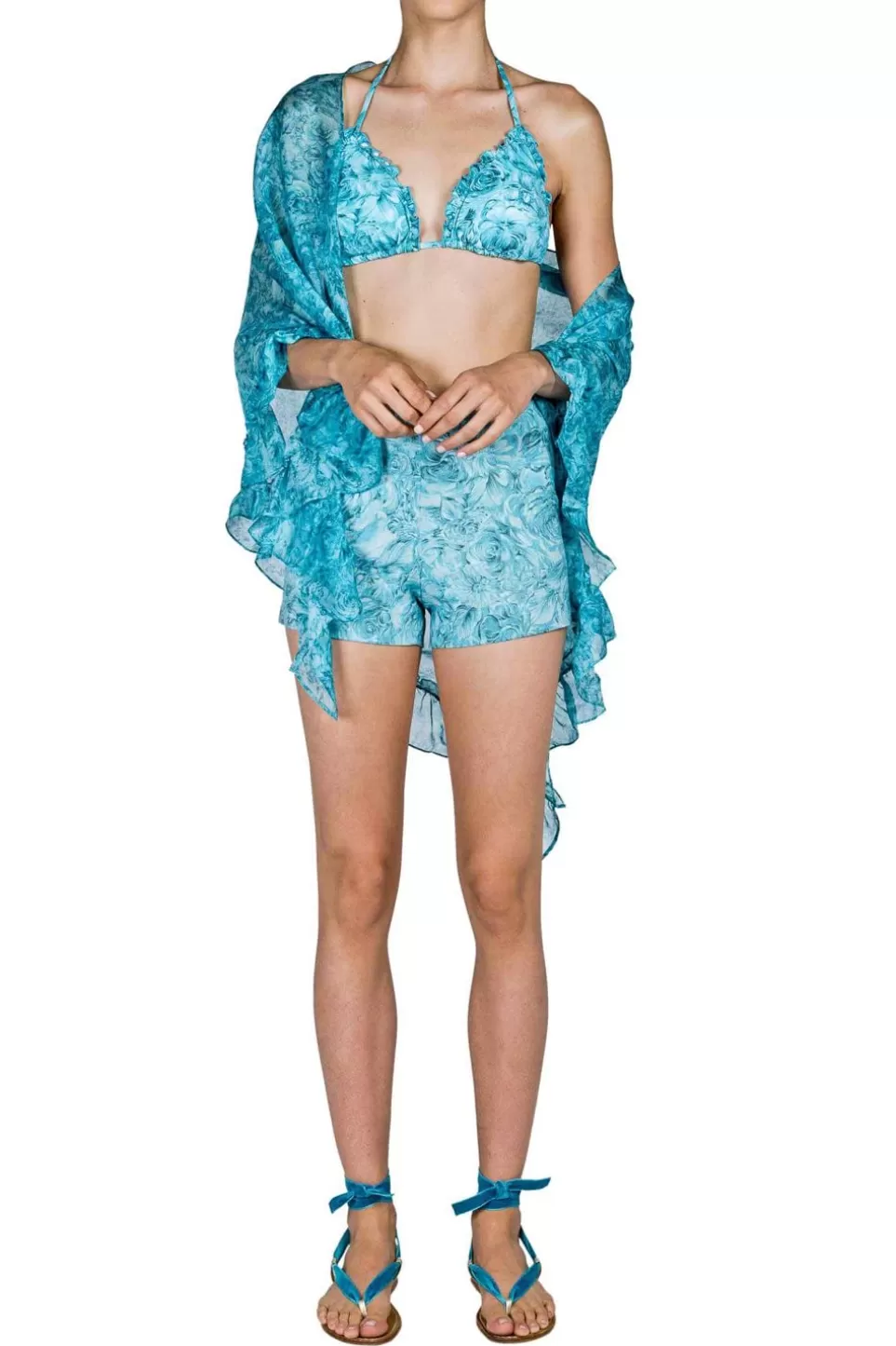 Swimwear | Luisa Beccaria Turquoise Roses Printed Shawl