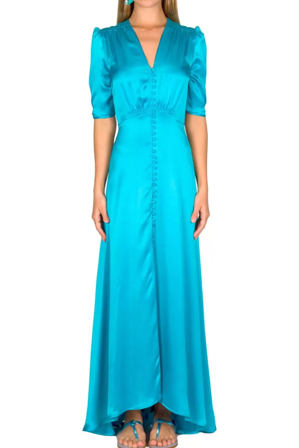 Dresses | Luisa Beccaria Turquoise Silk Bottoncino Dress With Short Sleeves